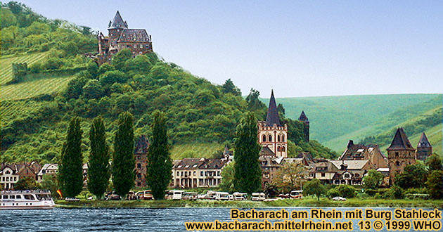 Bacharach on the Rhine river with Castle (Burg) Stahleck, Peters Church (Peterskirche), Market Tower (Marktturm) and Coin Tower (Munzturm).