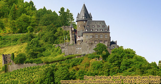 Castle Stahleck high above Bacharach from the right Rhine River side.