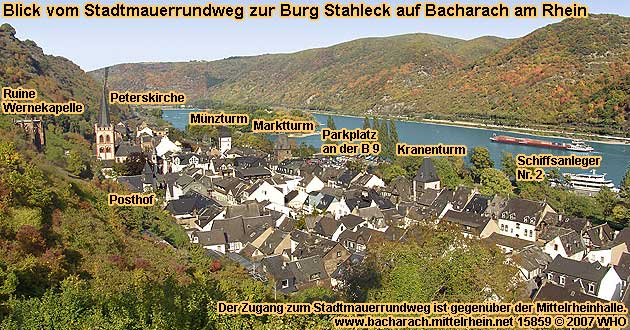 Bacharach Germany on the Rhine river with Ruins of Saint Werner's Chapel (Wernerkapelle), Peters Church (Peterskirche), Old Posthof (old mail yard), Mint Tower (Munzturm), Market Tower (Marktturm), Parking area, Crane Tower (Kranenturm), Boat landing Stage no. 2.